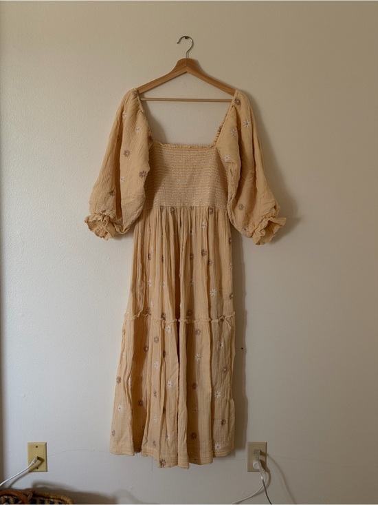 Free People Dresses & Skirts - Free People Beige Embroidered Smocked Bodice Maxi Dress